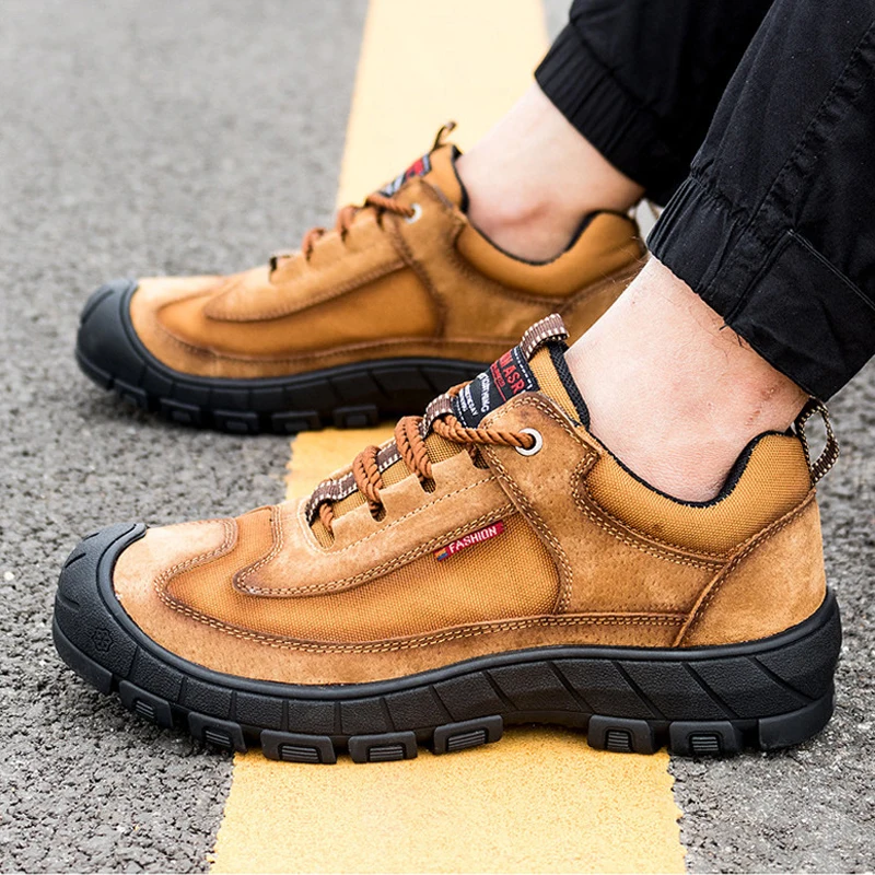 light brown Рабочие ботинки мужские уличные со стальным носком анти разбивающиеся защитные противоскользящие ПРОКАЛЫВАЮЩИЕ защитные ботинки 4#20/10D50 - Цвет: light brown