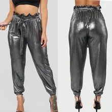 Женские модные сексуальные однотонные длинные брюки с завязками на талии шаровары кожаные брюки W813