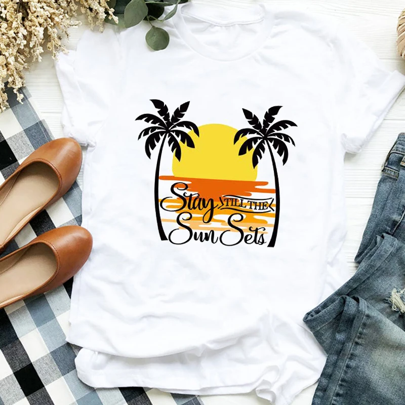 Women Lady Cartoon Beach Palm Tree Summer Autumn 90s Print T Tee Womens Tshirt for Female Shirt Clothes Top Graphic T-shirt | Женская