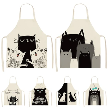 

1Pcs Black Cat Pattern Cleaning Colorful Aprons Home Cooking Kitchen Apron Cook Wear Cotton Linen Adult Bibs 53*65cm WQL0032