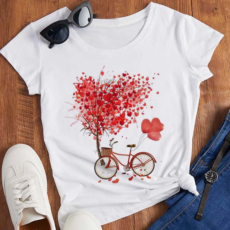 Pink T Shirt Women Beautiful Scenery Bicycle Vogue Casual Tshirt Harajuku Korean Style Graphic Tops Kawaii Short Sleeve T-shirt