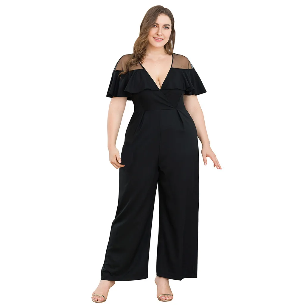 

Plus Size Women Jumpsuit Romper Short Sleeve Women's Plus Size V-Neck Short-Sleeved Mesh Stitching Wide Leg One-piece Pants