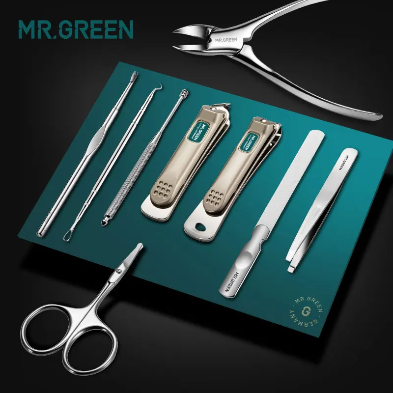 Online MR. GRÜN 9 in einem Maniküre Nail art Werkzeuge Set Nägel Clipper Schere pflege kit Maniküre Sets Leder Fall Für Nagel maniküre
