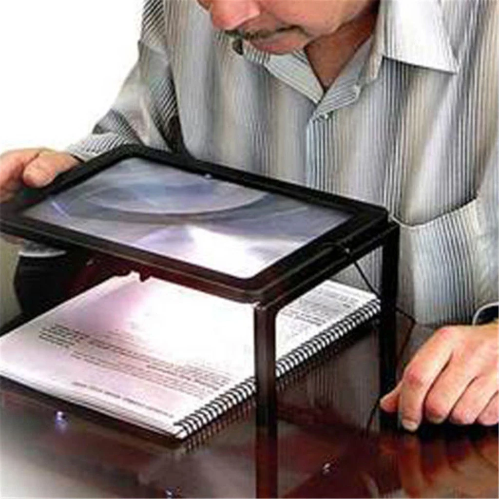 Full Page Magnifying Glass with 4 LED Lights and Foldable Legs - 3x Len - Large Rectangular Magnifier for Desktop Reading