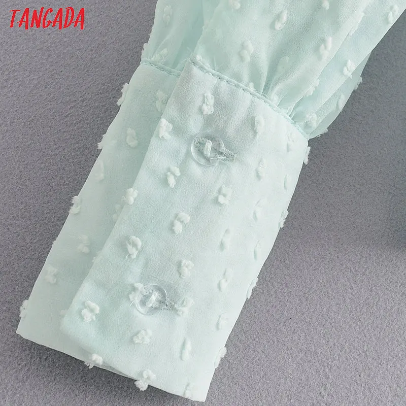 Tangada женская зеленая прозрачная блузка в горошек, Весенняя мода, плиссированные рубашки с длинным рукавом, женские шикарные топы QJ103