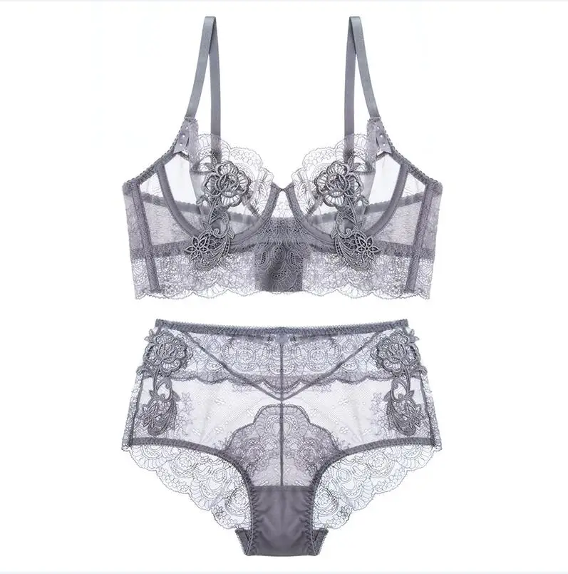 Kopen Borduurwerk Lingerie Set Ultra dunne Cup Beha Set Ondergoed Transparant Verleiding Sexy Ondergoed Voor Vrouwen Hoge Taille bralette set