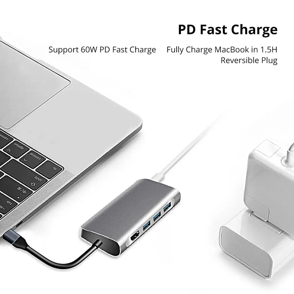 Snowkids Type C Docking Station for Laptop Smart Phone 8 in 1 PD LAN HDMI USB3.0 SD TF Port Expansion Huawei MateBook 13