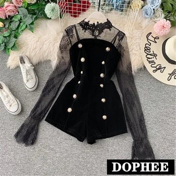 

Women Sexy Perspective Lace Embroidery Mesh Shirt + Double-breasted Golden Velvet Playsuit Shorts Two-piece Girls Ladies Sets