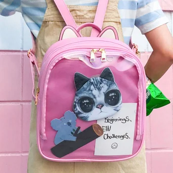 

Lovely Clear Backpack Girls Children Cartoon Cat Ear Primary School Bags Book Capacity Double Shoulder Backpack Dropship New