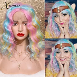 XUMOO Rainbow Synthetic Lace Front Wig Glueless Highlight Pink Blue Cosplay Party Drag Queen Short Wave Bob Wigs For Black Women