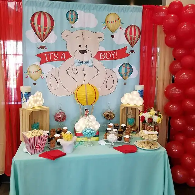

Birthday Party Photography Backdrops It's A Boy Blue Teddy Bear Hot Air Balloon Background Photography Photo Background