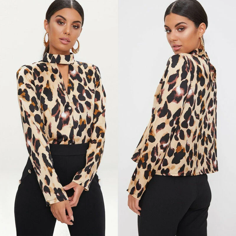 Camisa Mujere Equipo Cuello de manga larga Colorblock Leopard Print Emplateral Top 