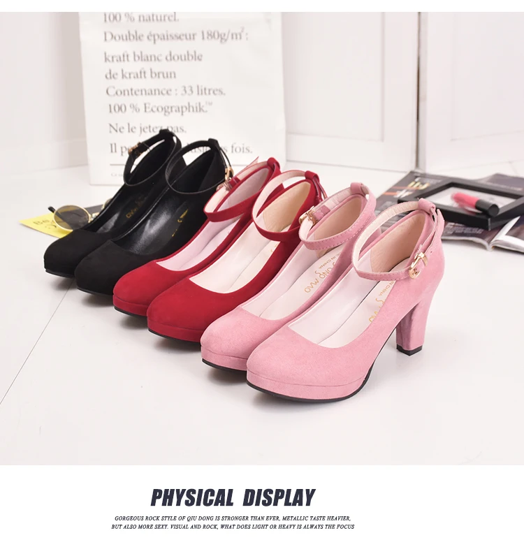 Осенние женские туфли-лодочки; милые женские туфли из флока на Высоком толстом каблуке с ремешком на щиколотке; женская обувь Mary Jane на платформе; женская обувь