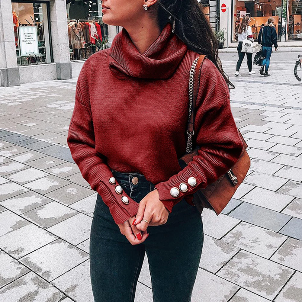 

Women Sweater Pullover Knitted Shirt Blouses Autumn Winter Turtleneck Button Knitted Tops For Female Solid Basic Lady Sweater