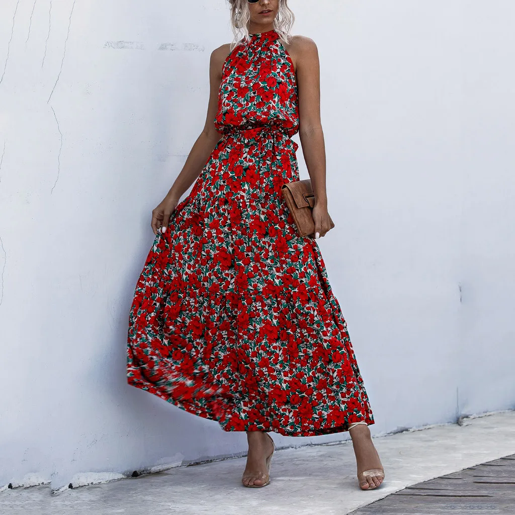 

Women Dress Casual Red Summer Dot&floral Print Boho Long Evening Party Beach Sundress 2020 Dresses vestidos de festa