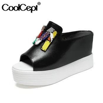 

CoolCept Women Summer Shoes Real Leather Print Platform Wedges Sandals Woman Fashion Daily Woman Shoes Footwear Size 33-40