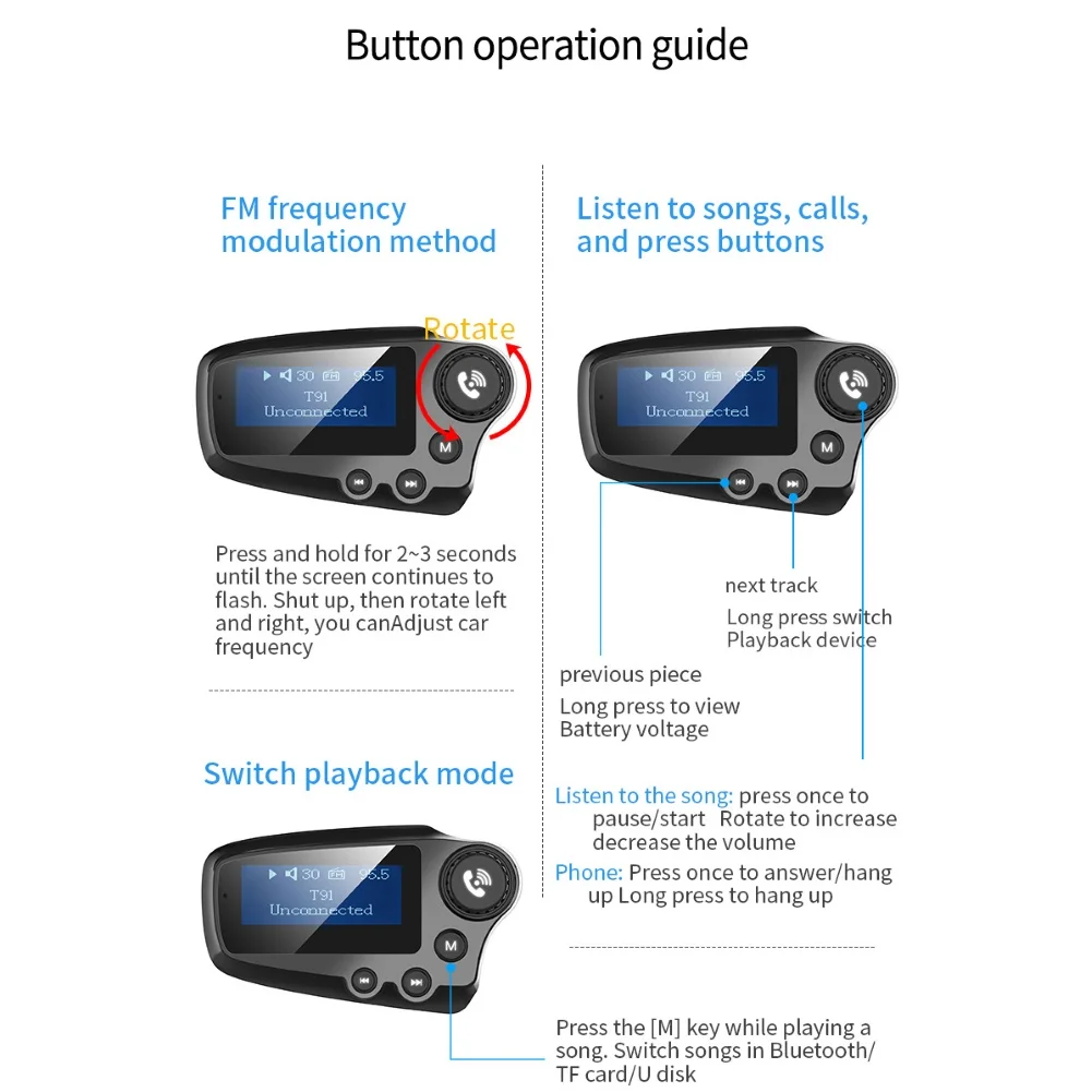 T91 большой экран Bluetooth Handsfree fm-передатчик MP3-плеер QC3.0 USB зарядное устройство