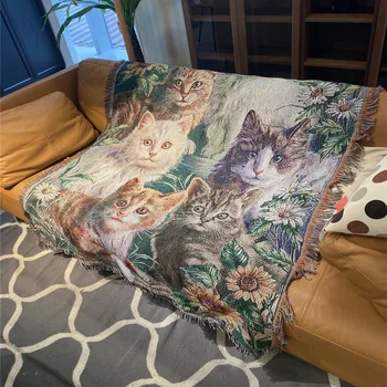 

American Country Leisure Blanket Knitting Throw Bedspread Sunflower Cutes Cats Home Decorative Blankets Fabric Sofa Towel