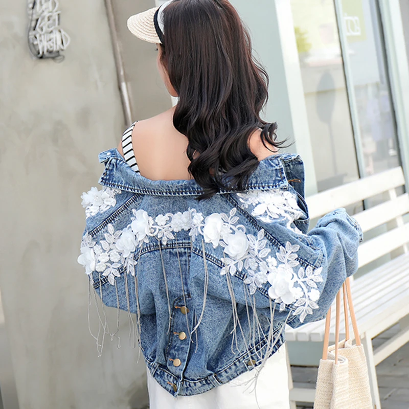 

Jean Jacket Women 2019 Autumn Women tassel Appliques Button Street Fashion Denim Jacket Female Personality Raw Cut Fring Coat