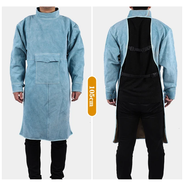 Cowhide Work Clothes Apron Welding Protective Clothing Heat and Fire Resistant Welders Safety Clothing  Welding Apron blue 105cm