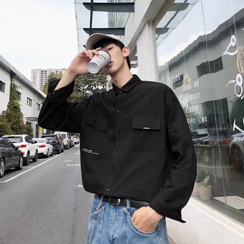

2019 Autumn New Japanese Korean Trend Men's Printing Solid Color Original Pocket Tooling Student Casual Shirt