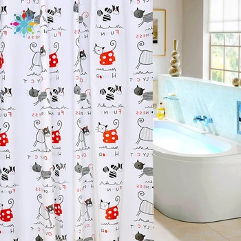 

Cartoon Cat Printing Waterproof Bath Shower Curtain Cat Bathroom Curtain With Plastic Hooks CS
