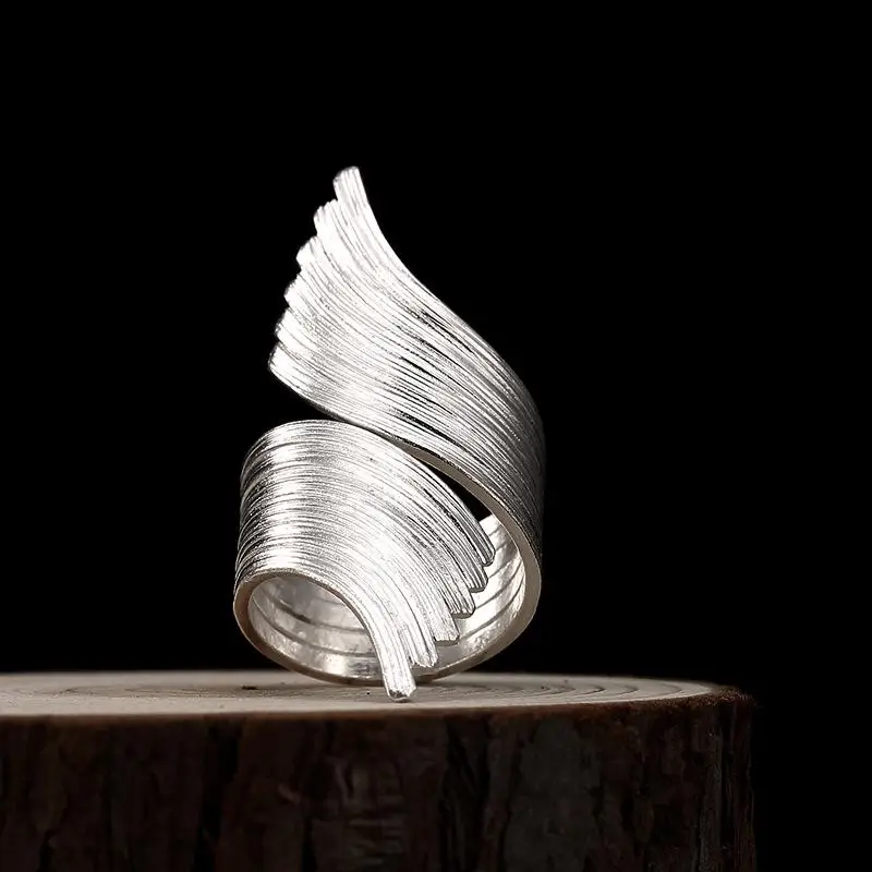Silver 925 Jewelry Brushed Wings Silver Ring Exaggerated Super Wide