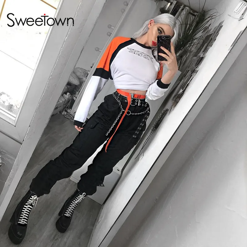 Sweetown модная Осенняя женская футболка с длинным рукавом и круглым вырезом, укороченный топ в стиле пэчворк, контрастный цвет, принт с буквами, уличная футболка