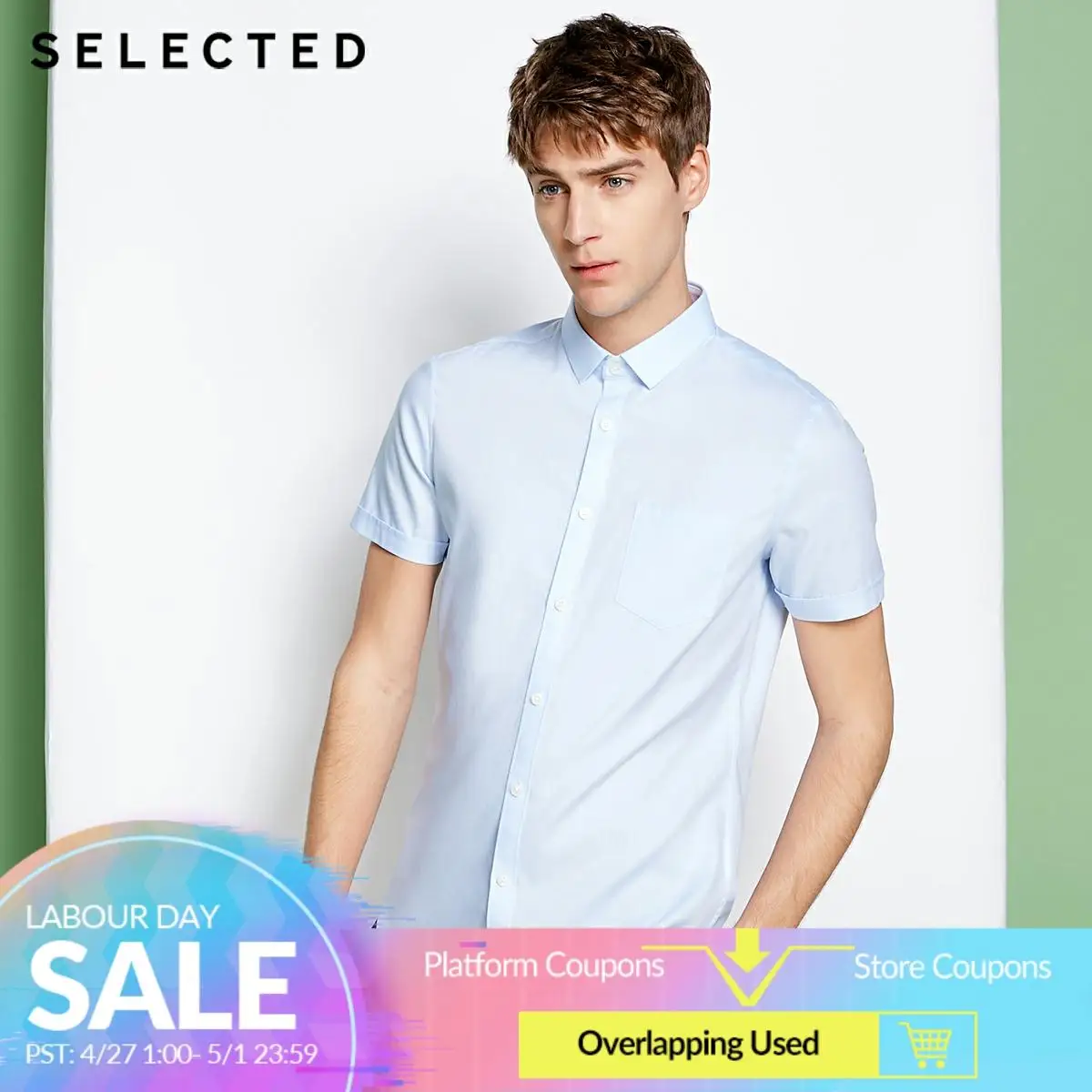 

SELECTED Men's 100% Cotton Pointed Collar Slim Fit Short-sleeved Shirt T|418204523
