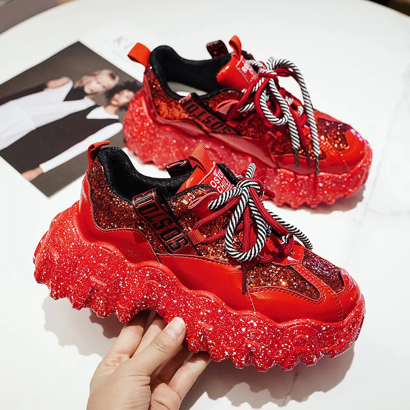 Zapatillas de deporte con plataforma para mujer, zapatos gruesos con  cordones de diseñador, color rojo brillante, 2020|Zapatos vulcanizados de  mujer| - AliExpress
