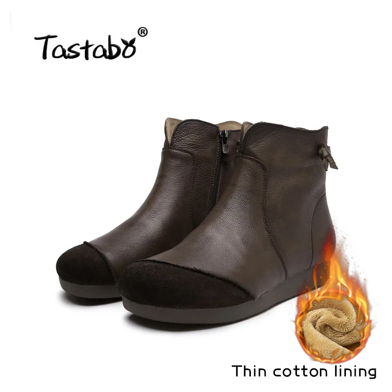 Tastabo г. Осенне-зимние женские ботильоны повседневная кожаная обувь ручной работы в винтажном стиле женские ботинки коричневого и черного цвета, размеры 35-40, S335 - Цвет: Plus cashmere Brown