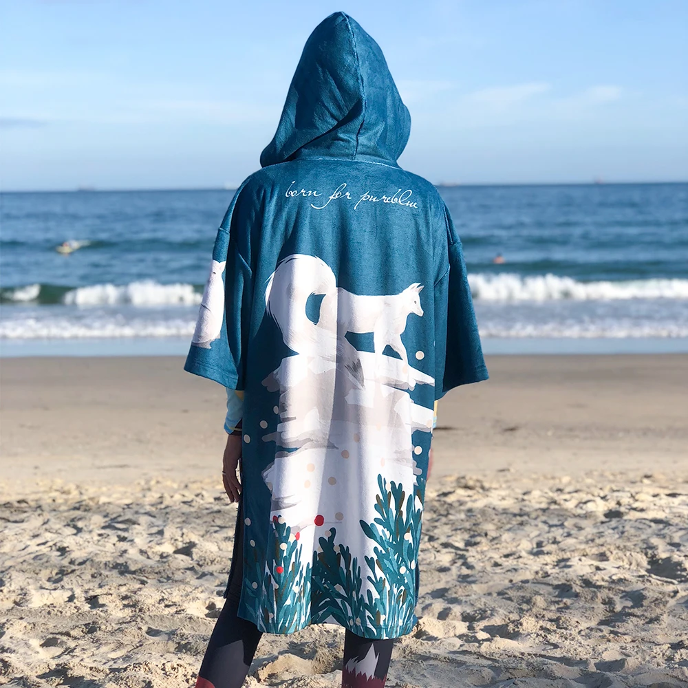 Nu-June Microfiber Women Man Swimming Diving Bathrobe Cloak Printing Changing Robe Bath Towel Outdoor Hooded Beach Towel Poncho