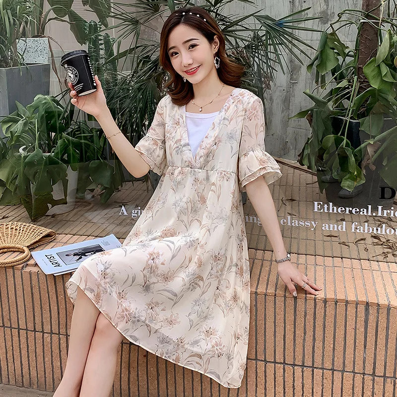 

2019 Summer Maternity Clothes Loose Short Sleeve Sexy Floral Pregnant Women Dress Mid-length Korean-style Pregnant Women Summer