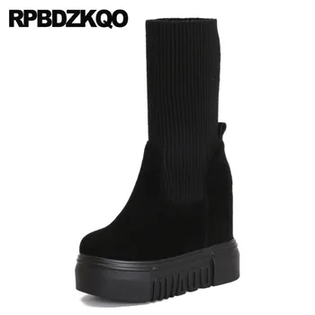 

knit stretch short fur high heel creepers black women ankle boots 2019 round toe designer suede winter slip on platform muffin