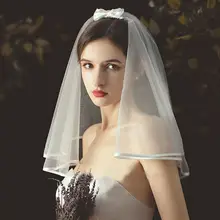 Для женщин 2 уровня Короткие Фата с милыми бантиками; большие размеры с отделкой из атласной ленты свадебный головной убор повязка на голову