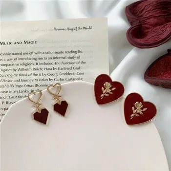 

Ethnic-Style Versatile Oil Drop Heart Earrings Rose Silver Needle Ear Stud Non-mainstream Design Earrings Red Sweet Ear Clip