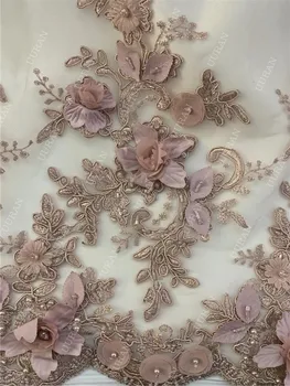 

3D Blossom Flower Tulle Lace Fabric in Blush Off White Soft Embroidered Tulle Net Wedding Gown Bridal Dress Prom Dress Fabric