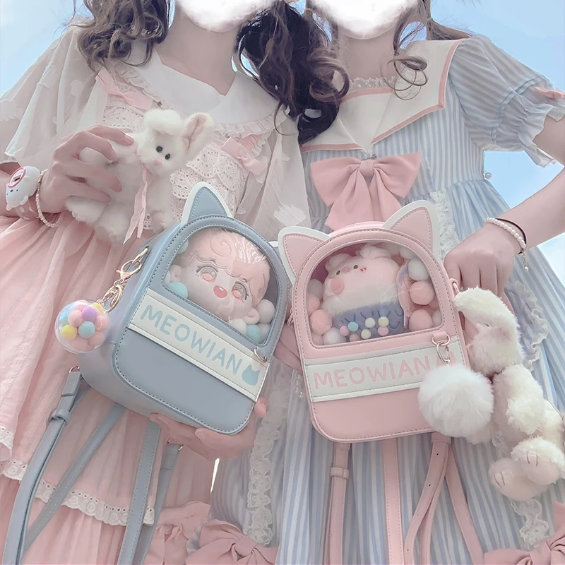

Harajuku Lolita Girl Cute Cat Ear 20cm Doll Transparent Jelly Bag Backpack Messenger Bag PU Itabag Handbag Women Kawaii Gift