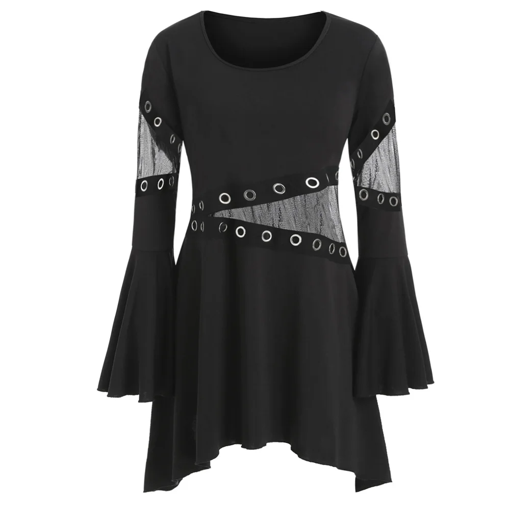 

ROSEGAL Grommet Tape Mesh Panel Flare Sleeve Plus Size Top Rivet O-Neck Women Gothic T-Shirts Mesh long Tops 2019 Autumn