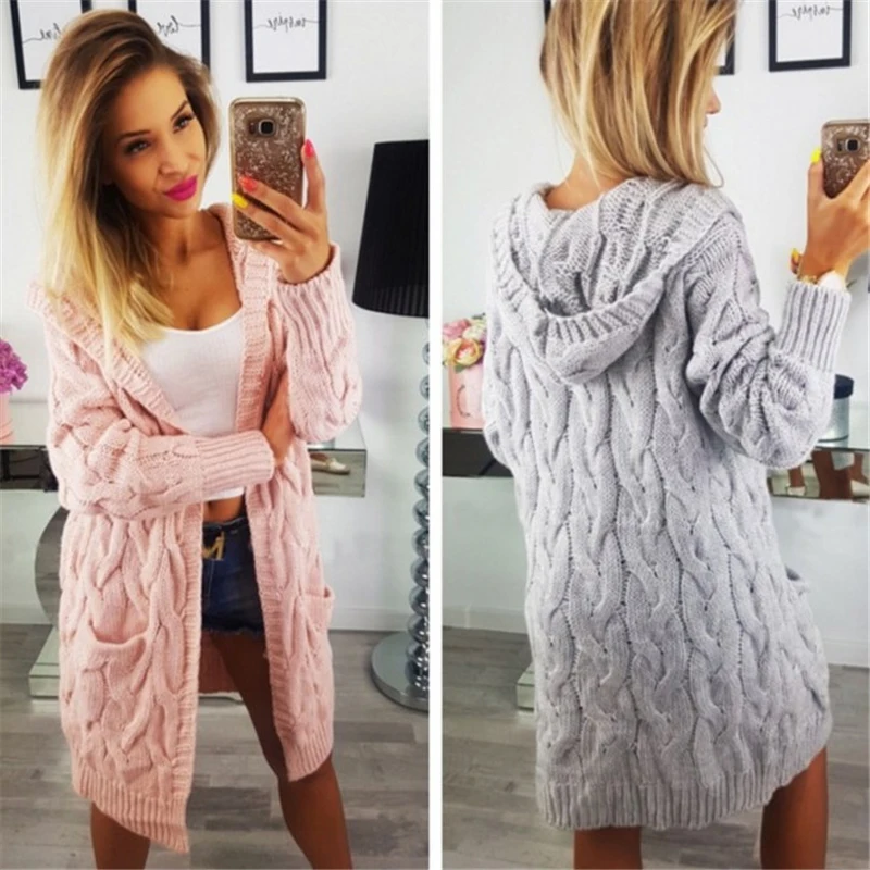 Winter Sweater Long Sleeves Cardigan Knitted Sweater Long Casual Hooded Pink Sweater Pockets Solid Open Stitch Thick Sweaters Winter Sweater Long Sleeves Cardigan Knitted Sweater Long Casual Hooded Pink Sweater Pockets Solid Open Stitch Thick Sweaters