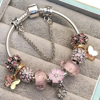 

Lovely Butterfly Pendant Charm Bracelets & Bangles Luxury Crystal Pink Beads Bracelets For Women Jewellery Pulseira Feminina