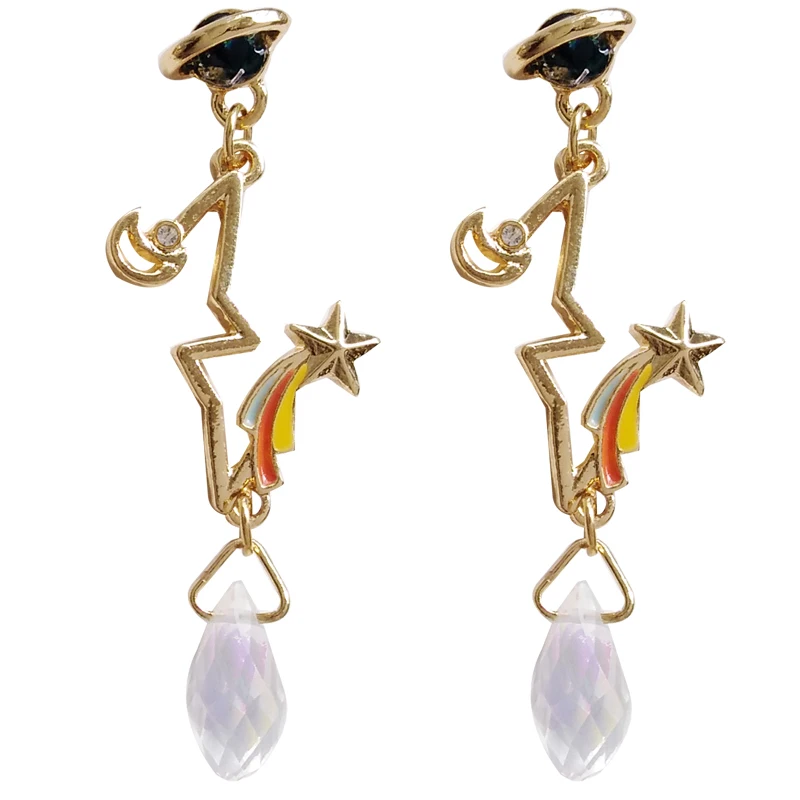 

Enamel Cat claw metal Metal texture simple personality stars moon creative beautiful rainbow earrings