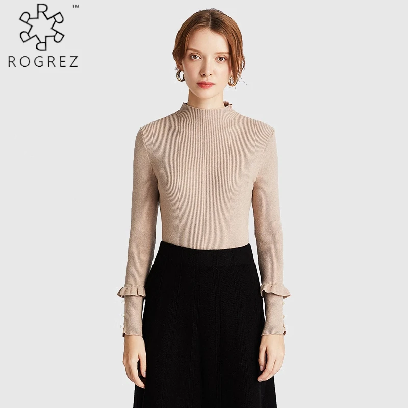 

ROGREZ Fashion O Neck Slim High Elastics Sweaters Women Tops Sueter Mujer Autumn Winter Riviet Ruffles Knitted Cotton Sweater