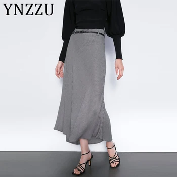 

YNZZU Elegant Skirt Women 2019 Autumn Winter High Waist Plaid Drape Maix Long Skirt Office Lady Workwear with Belt AB231