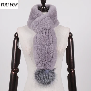 

New Winter Women Knitted Real Rex Rabbit Fur Scarf 100% Genuine Fox Pompoms Rex Rabbit Fur Muffler Lady Warm Real Fur Scarves