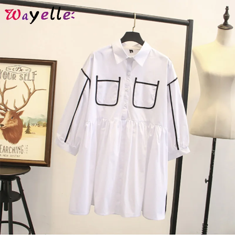 2019 Autumn Winter Shirt Dress Women Lapel Pocket Split Joint Loose Shirt Dress Women Big Size Tide Sweet Dress Shirt For Women
