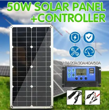 

50W Solar Panel Dual USB Output Solar Cells Poly Solar Panel 10/20/30/40/50A Controller for Car Yacht 12V Battery Boat Charger