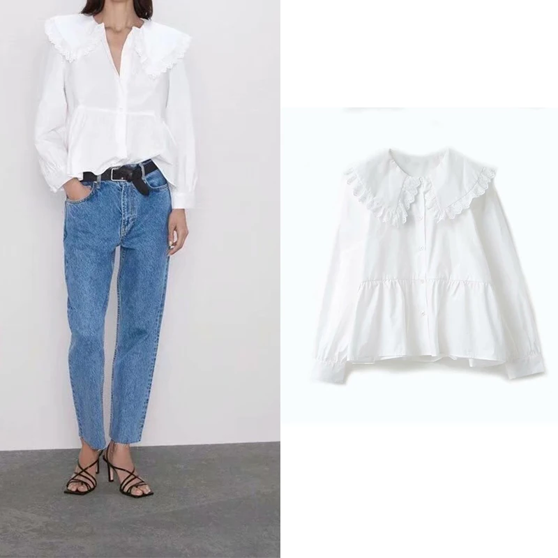 

za 2019 fashion women autumn poplin blouse with Peter pan collar ruffle shirts cute embroidered solid white blouse shirts