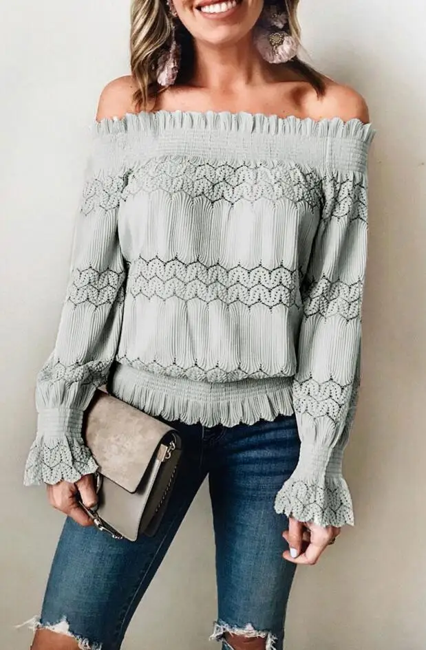 Весенние женские Кружевные блузы Befree Boho, сексуальные, длинные, с длинным рукавом, цветочный рисунок, хлопок, повседневные, шифоновые, большие, большие размеры, топы, рубашки - Цвет: Серый
