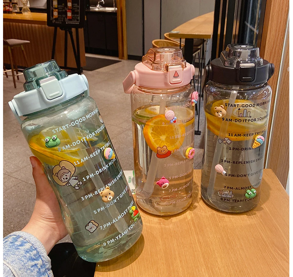 Gourde,Bouteille d'eau de grande capacité avec paille, gobelet en verre